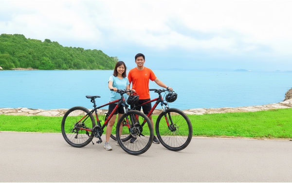 Couple posing by the sea with bicycles with Gogreen
