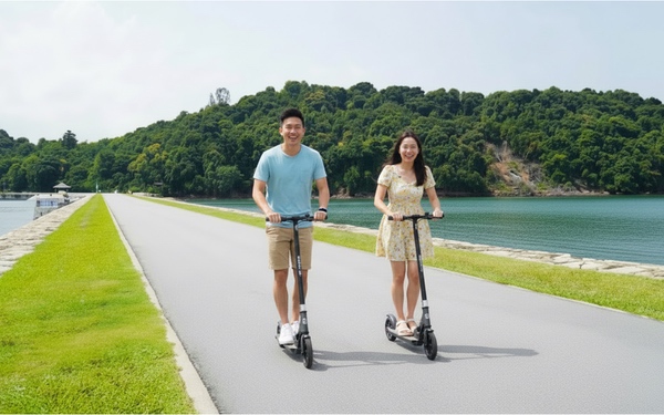 Couple enjoying themselves with kick scooter by the sea with Gogreen